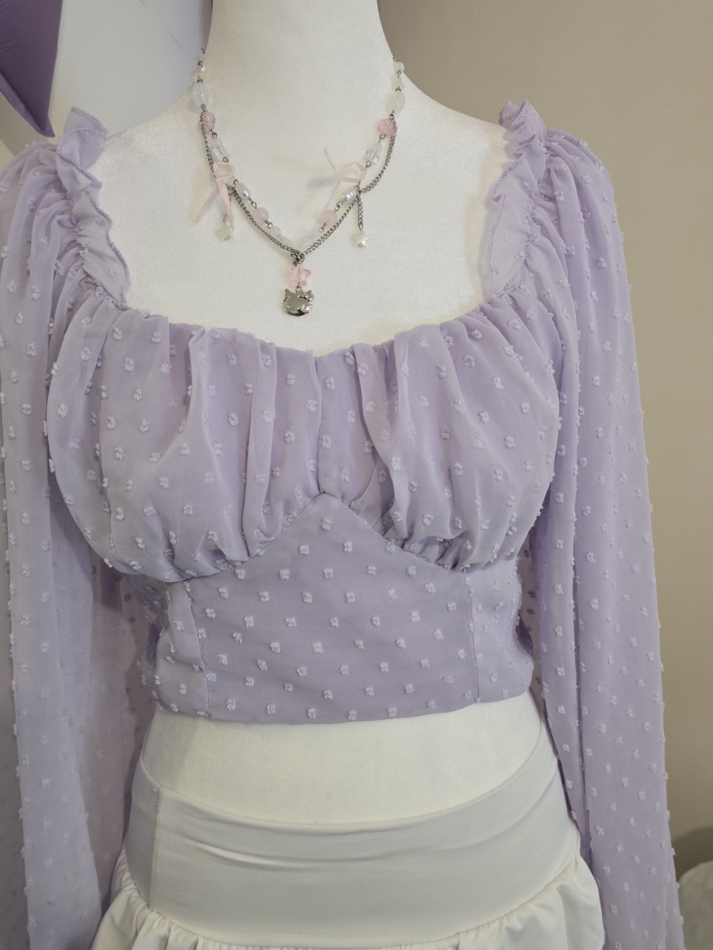 Shein Pastel Lilac Swiss Dot Milkmaid Crop Top Medium Coquette Puff Sleeve Smock